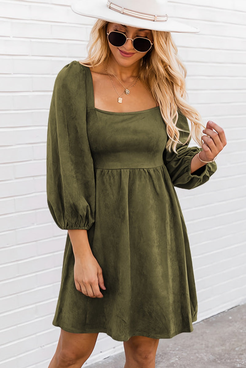 square neck puff sleeve long dress Suede Square Neck Puff Sleeve Dress Black / Small