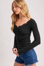 Load image into Gallery viewer, LACE TRIM BUTTON DOWN HENLEY KNIT TOP