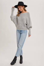 Load image into Gallery viewer, BOAT NECK DOLMAN SLEEVE RIBBED FUZZY KNIT SWEATER