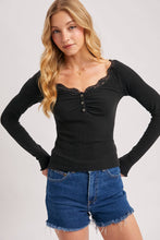 Load image into Gallery viewer, LACE TRIM BUTTON DOWN HENLEY KNIT TOP