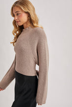 Load image into Gallery viewer, MOCK NECK OPEN BACK RIBBED KNIT TIE SWEATER TOP