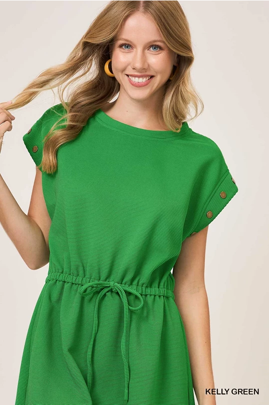 Casual Ribbed Knit Drawstring Dress (Green) Small