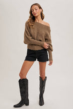 Load image into Gallery viewer, BOAT NECK DOLMAN SLEEVE RIBBED FUZZY KNIT SWEATER
