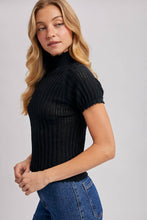 Load image into Gallery viewer, OPEN-KNIT MOCK NECK POINTELLE RUFFLE EDGE SWEATER TEE TOP