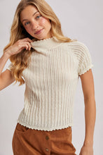 Load image into Gallery viewer, OPEN-KNIT MOCK NECK POINTELLE RUFFLE EDGE SWEATER TEE TOP