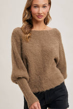 Load image into Gallery viewer, BOAT NECK DOLMAN SLEEVE RIBBED FUZZY KNIT SWEATER