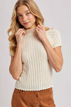 Load image into Gallery viewer, OPEN-KNIT MOCK NECK POINTELLE RUFFLE EDGE SWEATER TEE TOP