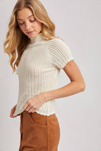 Load image into Gallery viewer, OPEN-KNIT MOCK NECK POINTELLE RUFFLE EDGE SWEATER TEE TOP