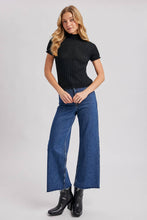 Load image into Gallery viewer, OPEN-KNIT MOCK NECK POINTELLE RUFFLE EDGE SWEATER TEE TOP