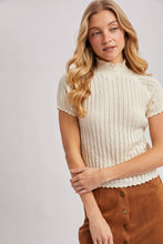 Load image into Gallery viewer, OPEN-KNIT MOCK NECK POINTELLE RUFFLE EDGE SWEATER TEE TOP