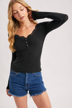 Load image into Gallery viewer, LACE TRIM BUTTON DOWN HENLEY KNIT TOP