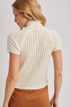Load image into Gallery viewer, OPEN-KNIT MOCK NECK POINTELLE RUFFLE EDGE SWEATER TEE TOP