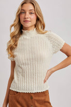 Load image into Gallery viewer, OPEN-KNIT MOCK NECK POINTELLE RUFFLE EDGE SWEATER TEE TOP