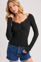 Load image into Gallery viewer, LACE TRIM BUTTON DOWN HENLEY KNIT TOP