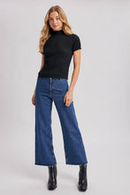 Load image into Gallery viewer, OPEN-KNIT MOCK NECK POINTELLE RUFFLE EDGE SWEATER TEE TOP