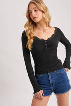 Load image into Gallery viewer, LACE TRIM BUTTON DOWN HENLEY KNIT TOP