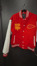 Load and play video in Gallery viewer, Kansas City Chiefs Leather Sleeved Varsity Jacket (Style 2)