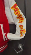 Load and play video in Gallery viewer, Kansas City Chiefs Leather Sleeved Varsity Jacket