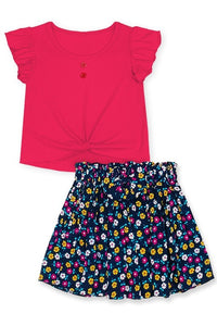 KIDS Two Piece Set- Floral Skirt with Knot Front Top