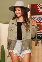 Load image into Gallery viewer, “I Guess I’m in Love” Distressed Wash Jacket with Fringe Detail