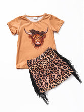 Load image into Gallery viewer, Cows Printed Cheetah Fringe Skirt 2 Pcs Set