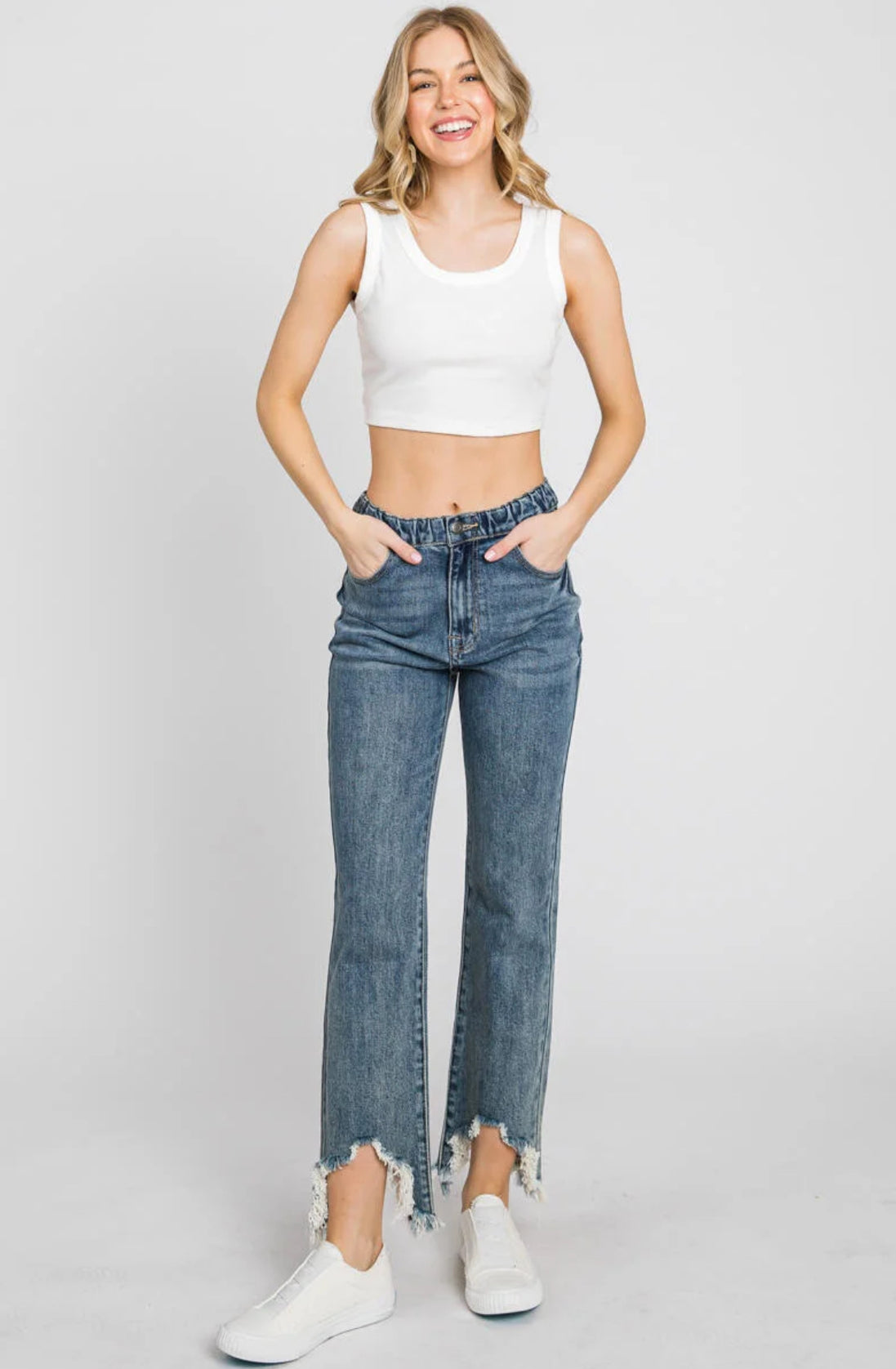 Tattered Hem Elastic Waist Jeans