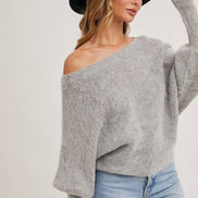 BOAT NECK DOLMAN SLEEVE RIBBED FUZZY KNIT SWEATER