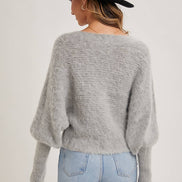 BOAT NECK DOLMAN SLEEVE RIBBED FUZZY KNIT SWEATER