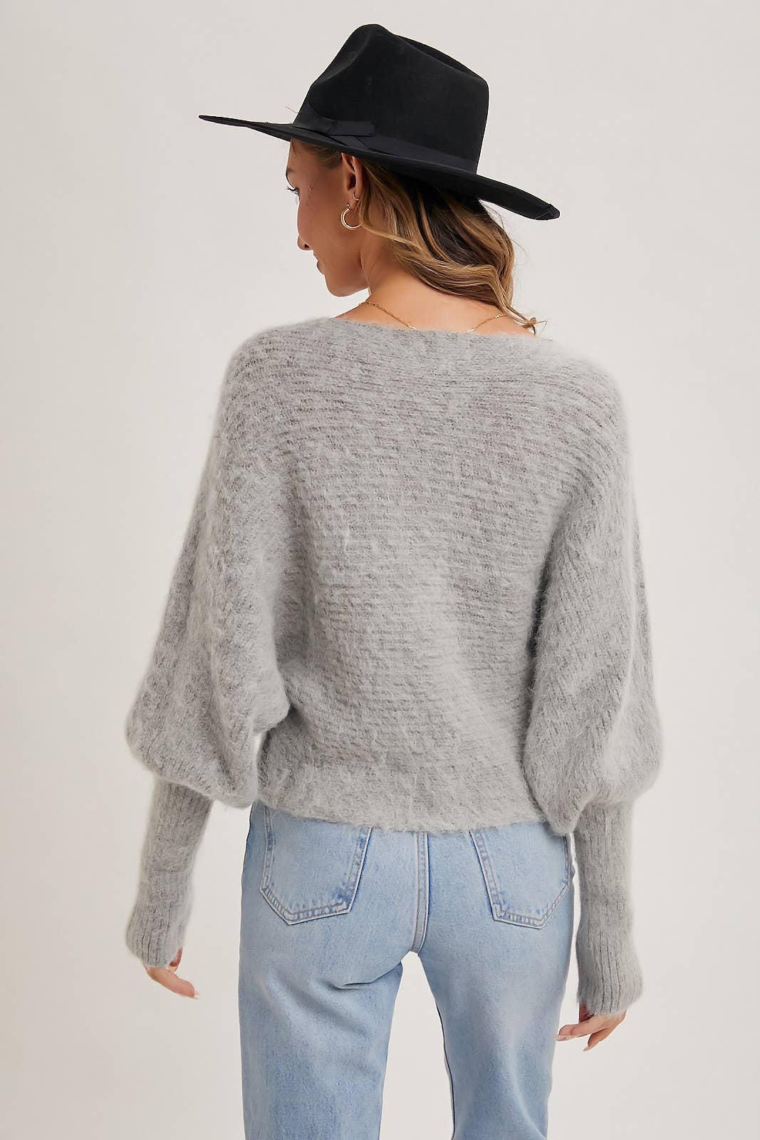 BOAT NECK DOLMAN SLEEVE RIBBED FUZZY KNIT SWEATER