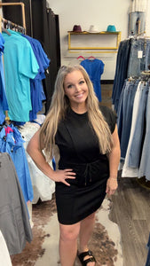 Luxeknit Mini Dress w/drawstring Tie (Black)