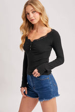 Load image into Gallery viewer, LACE TRIM BUTTON DOWN HENLEY KNIT TOP
