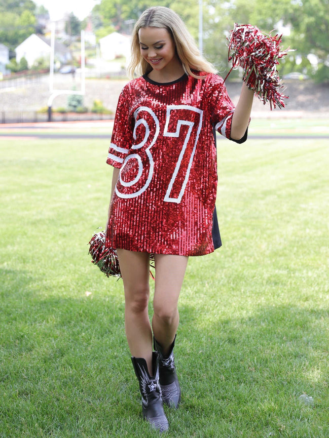 Red Sequin ‘87’ Jersey Dress