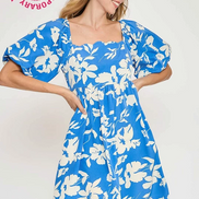 Floral Print Dress with Scalloped Edges (Blue)