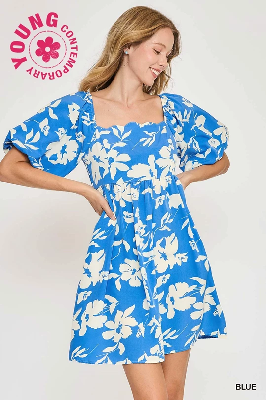 Floral Print Dress with Scalloped Edges (Blue)