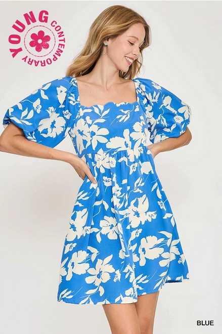 Floral Print Dress with Scalloped Edges (Blue)