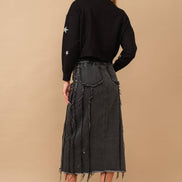 Distressed Seam Slit at Front Maxi Denim Skirt