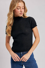 Load image into Gallery viewer, OPEN-KNIT MOCK NECK POINTELLE RUFFLE EDGE SWEATER TEE TOP
