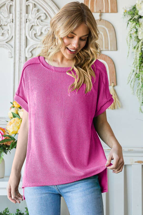 Ribbed Drop Shoulder with Side Slit Top