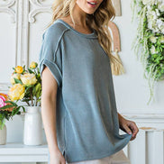 Ribbed Drop Shoulder with Side Slit Top