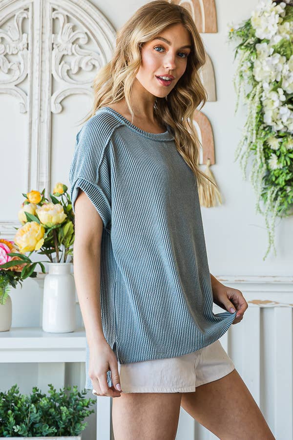 Ribbed Drop Shoulder with Side Slit Top