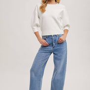 PUFFED 3/4 SLEEVED KNIT SWEATER TOP
