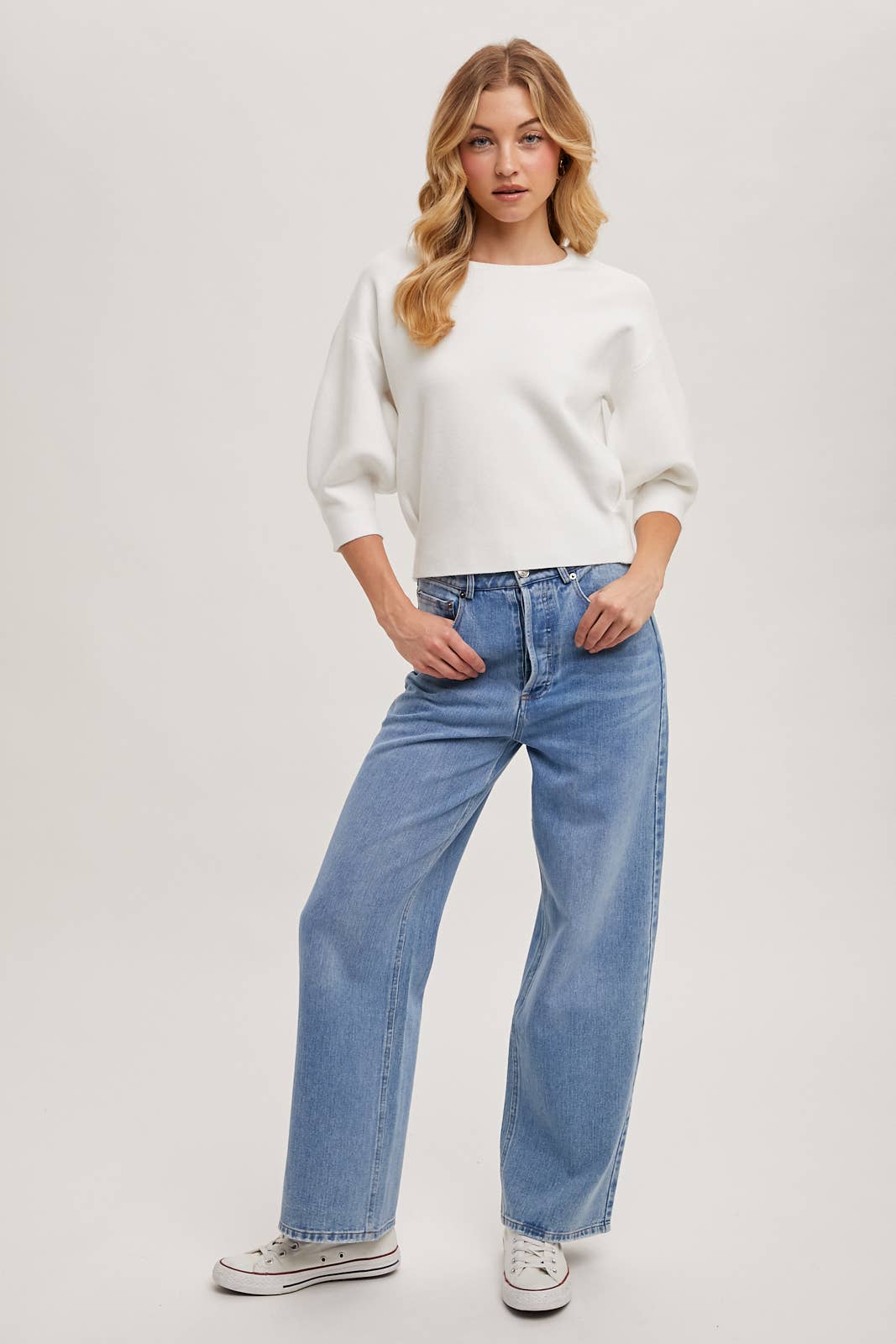 PUFFED 3/4 SLEEVED KNIT SWEATER TOP