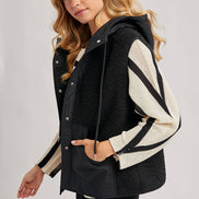 SHERPA FLEECE HOODED VEST WITH FAUX SUEDE INNER