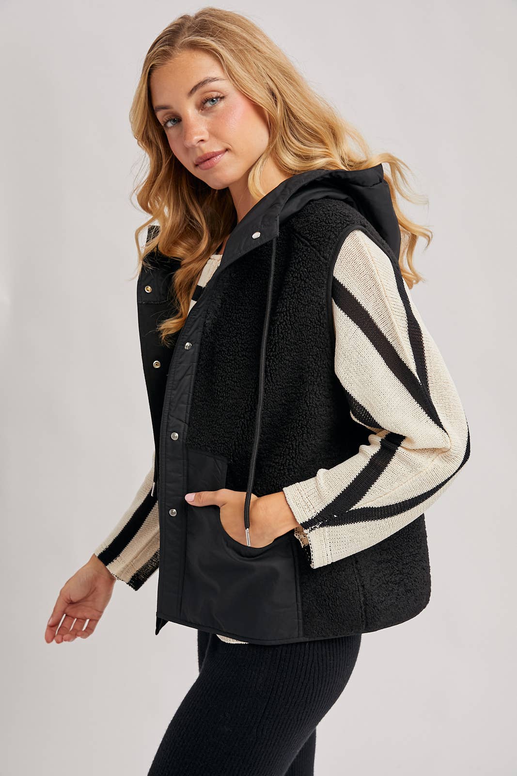 SHERPA FLEECE HOODED VEST WITH FAUX SUEDE INNER