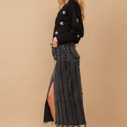 Distressed Seam Slit at Front Maxi Denim Skirt