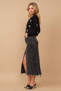 Distressed Seam Slit at Front Maxi Denim Skirt