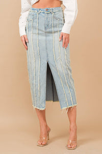 Distressed Seam Slit at Front Maxi Denim Skirt