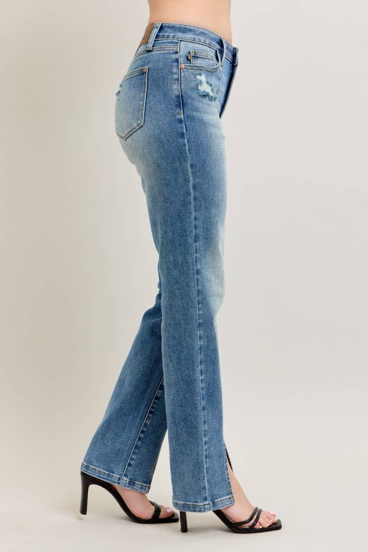 JUDY BLUE High Waisted Vintage Wash Front Seam & Slit Straight