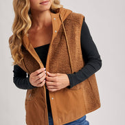 SHERPA FLEECE HOODED VEST WITH FAUX SUEDE INNER