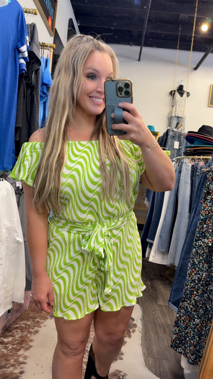 Plisse Off Shoulder Romper (Lime)